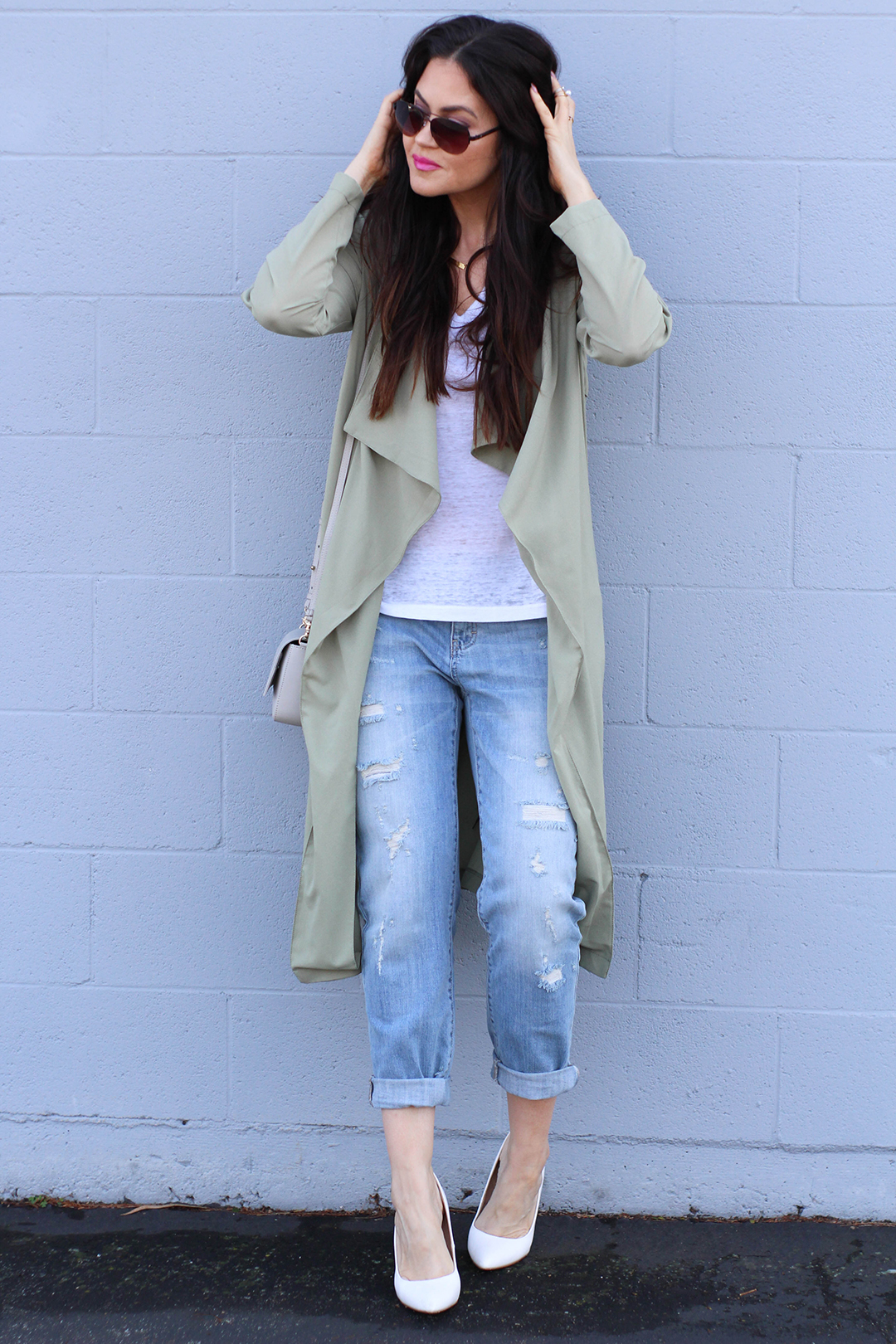 Green Duster Trench and Boyfriend Jeans - Glam Latte