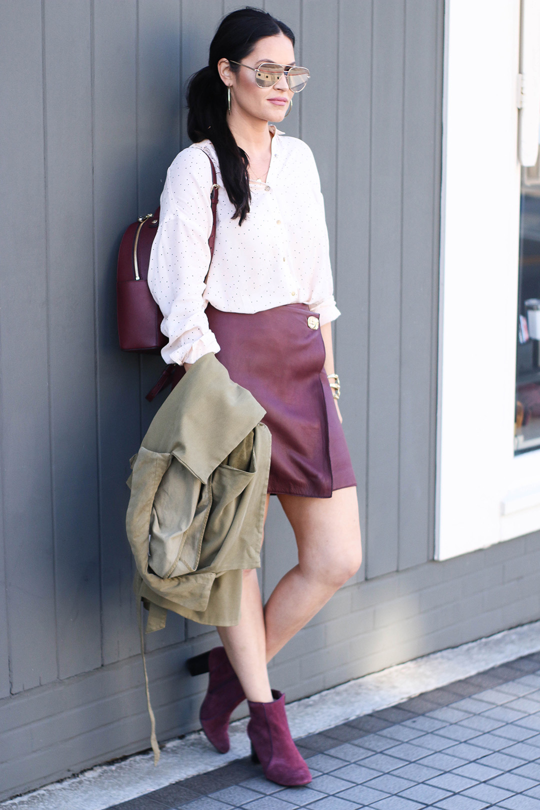 Leather skirt and trench coat