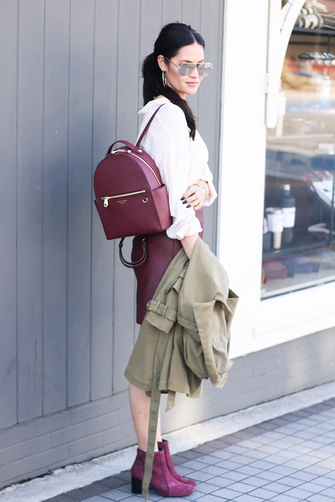 Leather skirt and trench coat