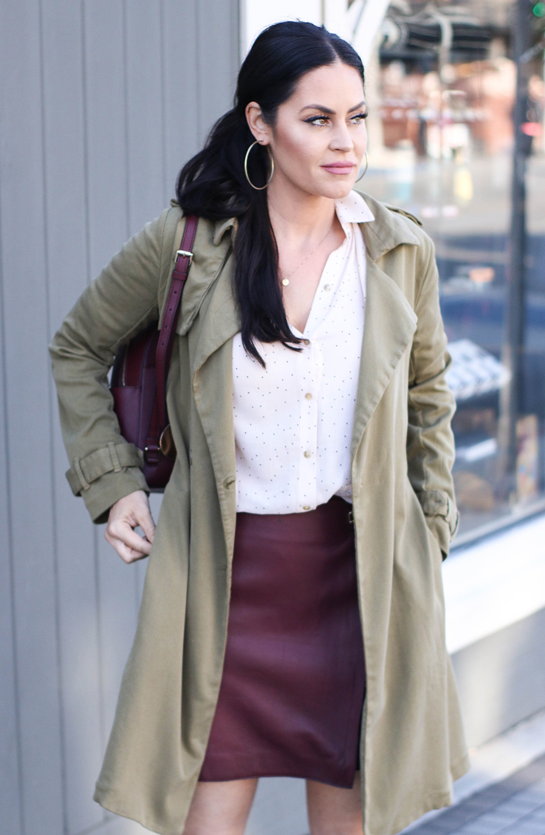 Leather skirt and trench coat