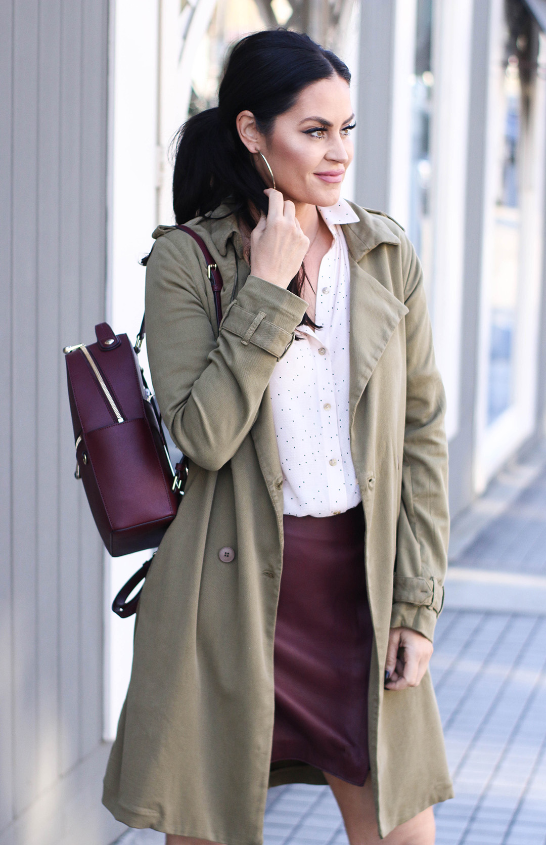 Leather skirt and trench coat