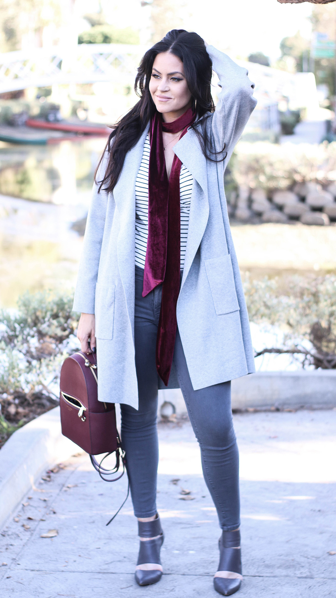 striped bodysuit, gray cardigan