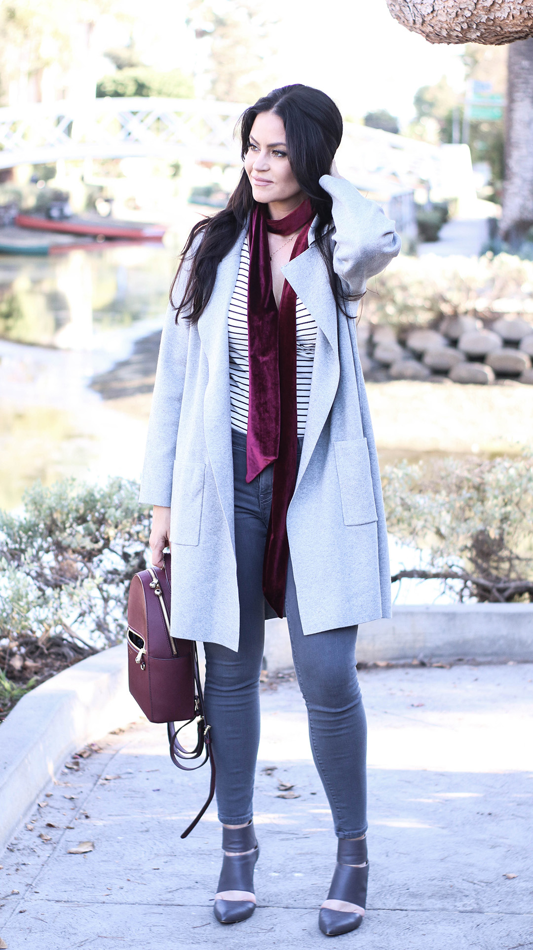 striped bodysuit, gray cardigan