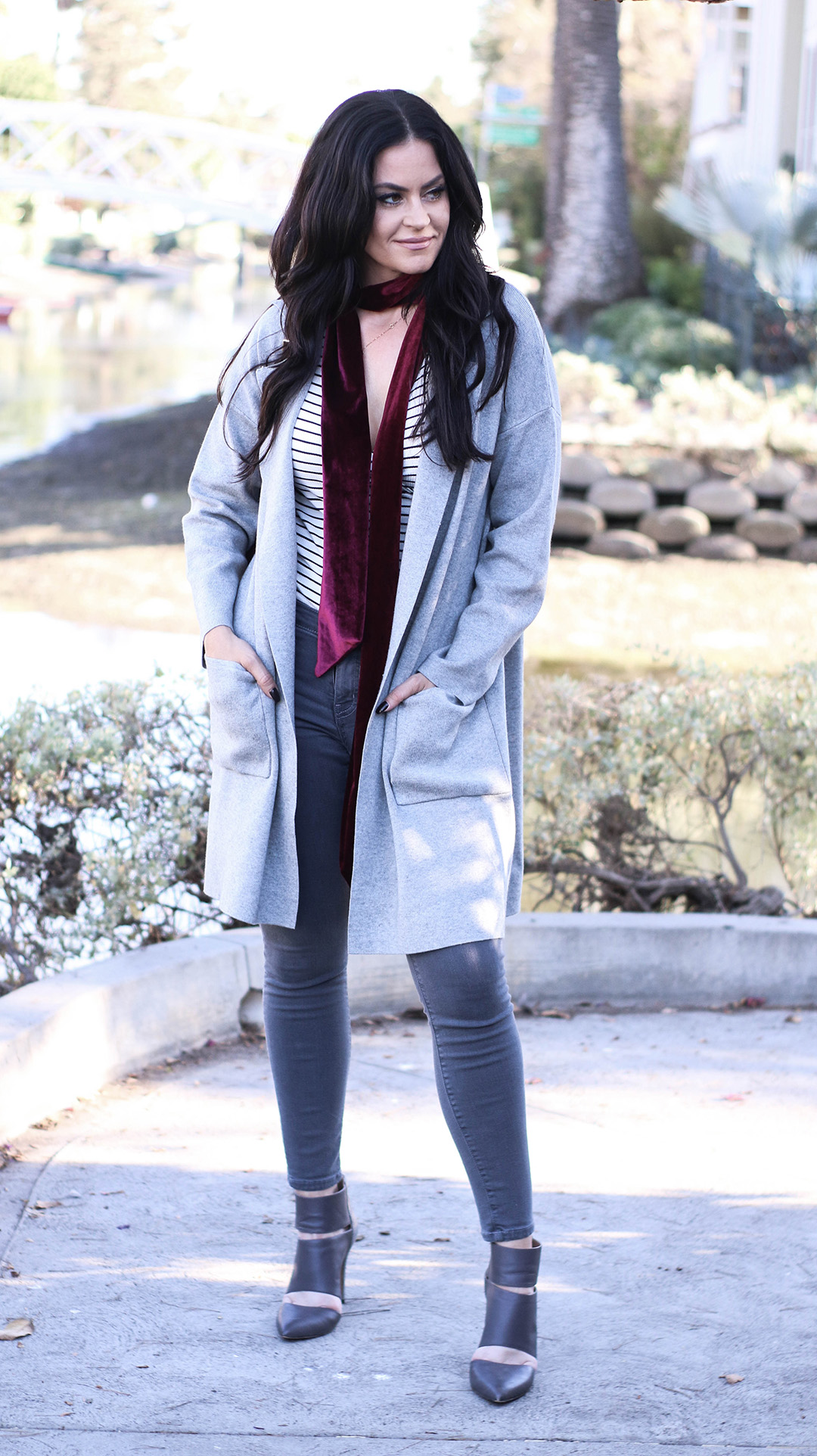 striped bodysuit, gray cardigan