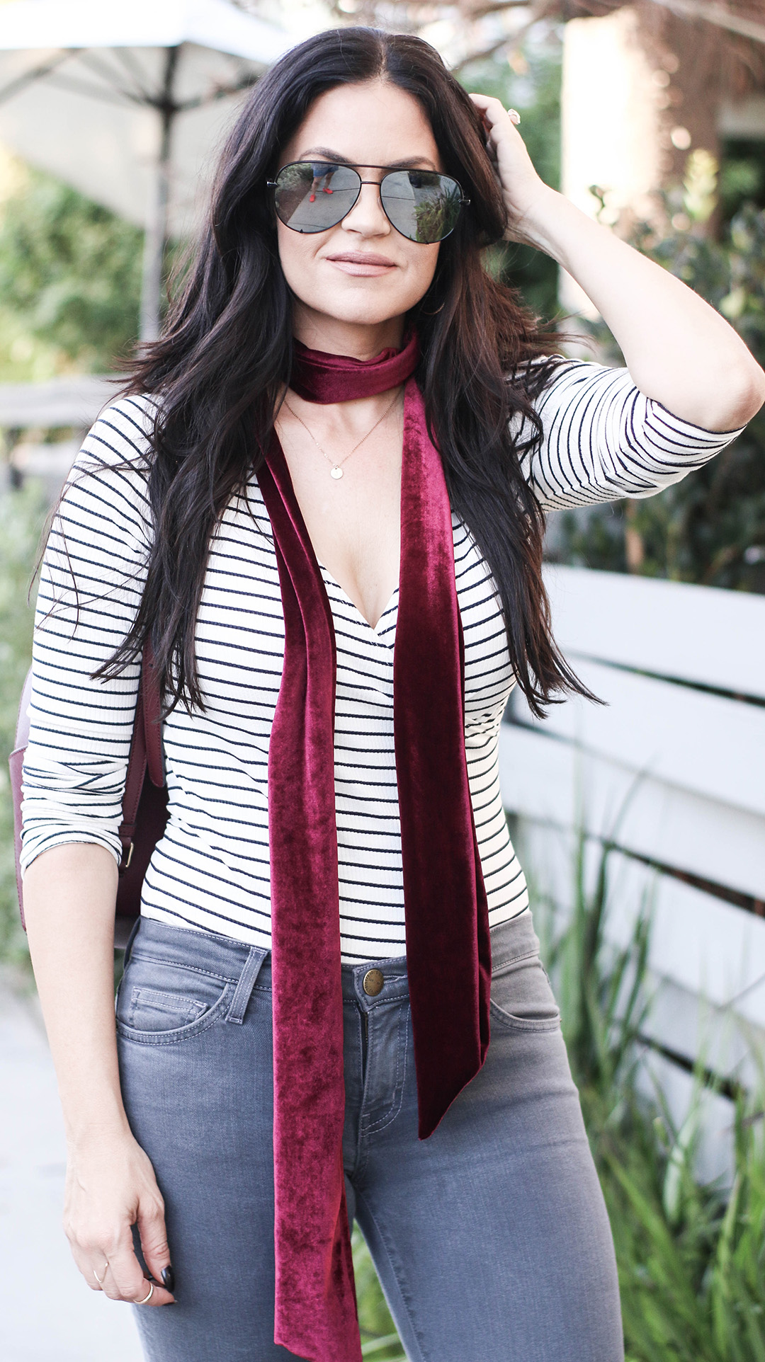 striped bodysuit, velvet scarf