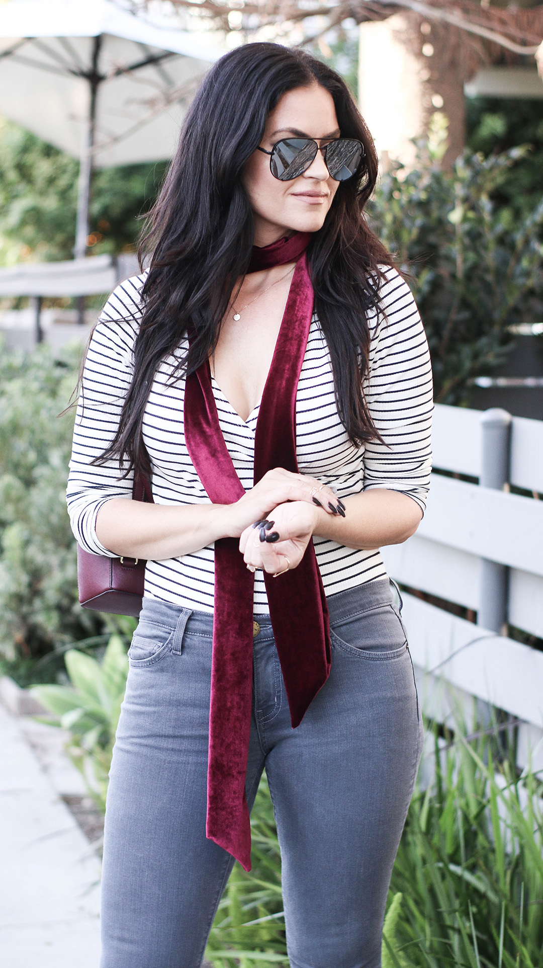 striped bodysuit, velvet scarf